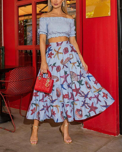 Strapless Cropped Top & Printed Skirt Set