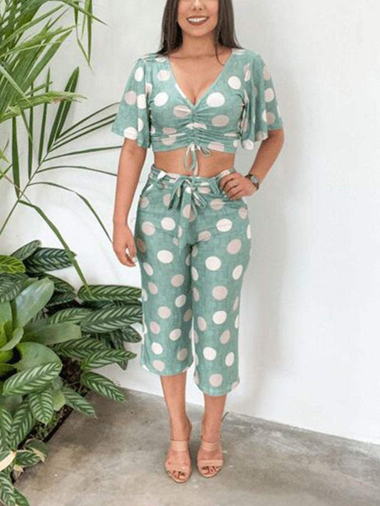 Polka Dot Print Lace Up Top Cropped Pants Set