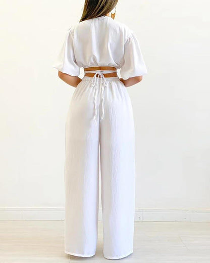 Solid color V-neck short-sleeved shirt high waist wide-leg pants suit