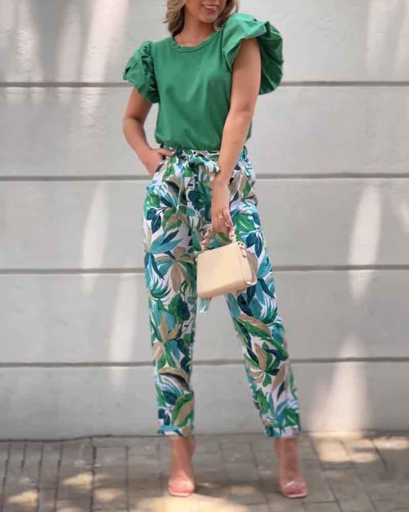 Two-piece set of solid color short-sleeved top & printed pants