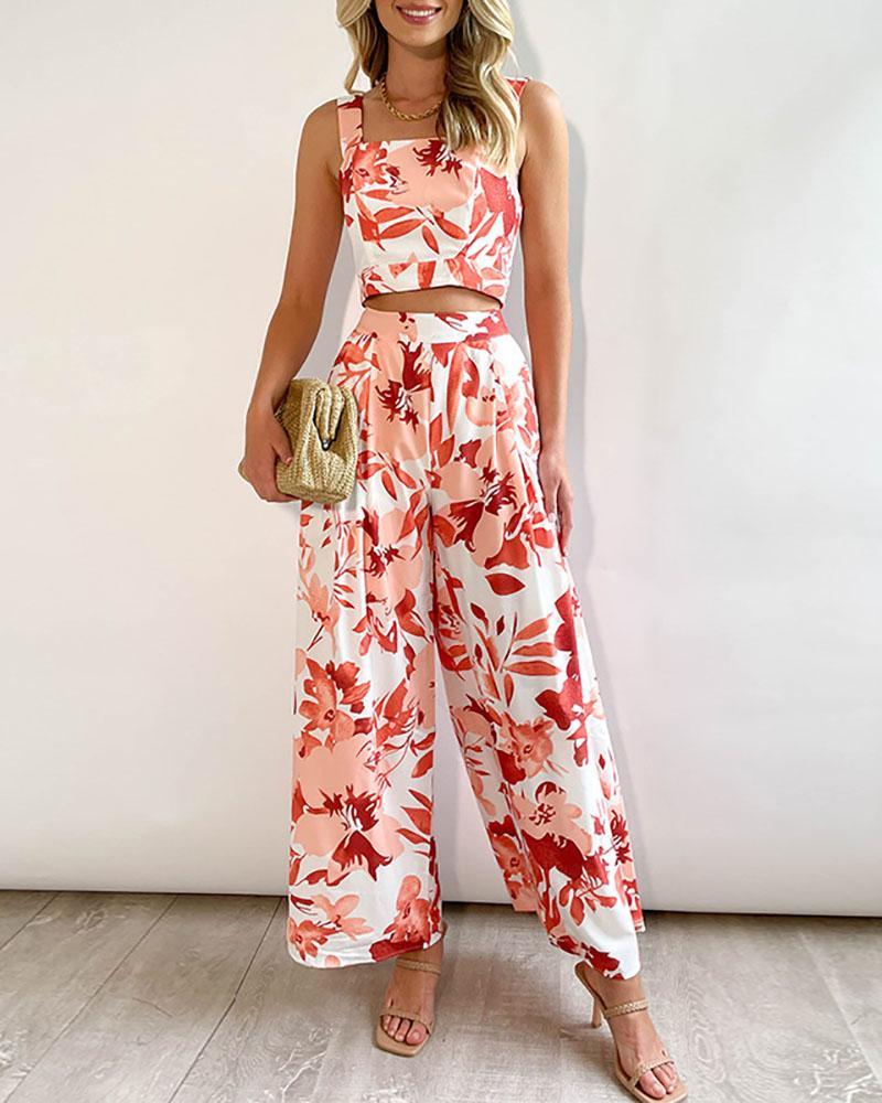 Printed Vest + High Waist Wide Leg Pants Casual Suit