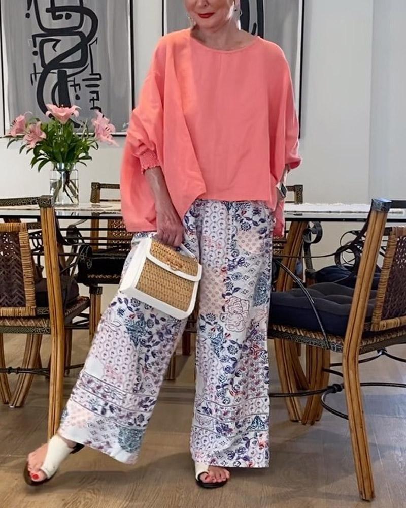 Loose Top Printed Straight Pants Set