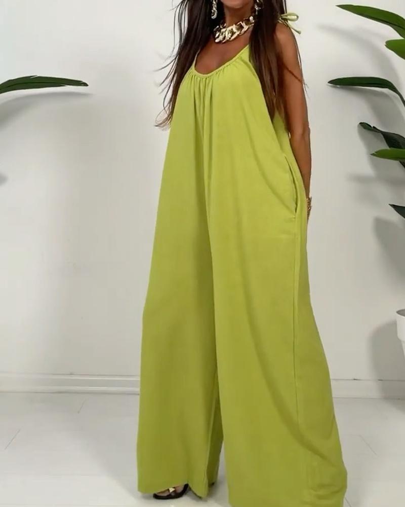 Simple Solid Color Sling Loose Jumpsuit