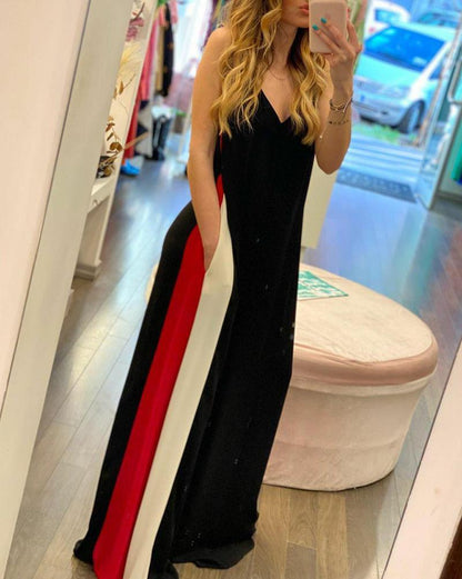 Sling wide-leg jumpsuit with color-block side seams