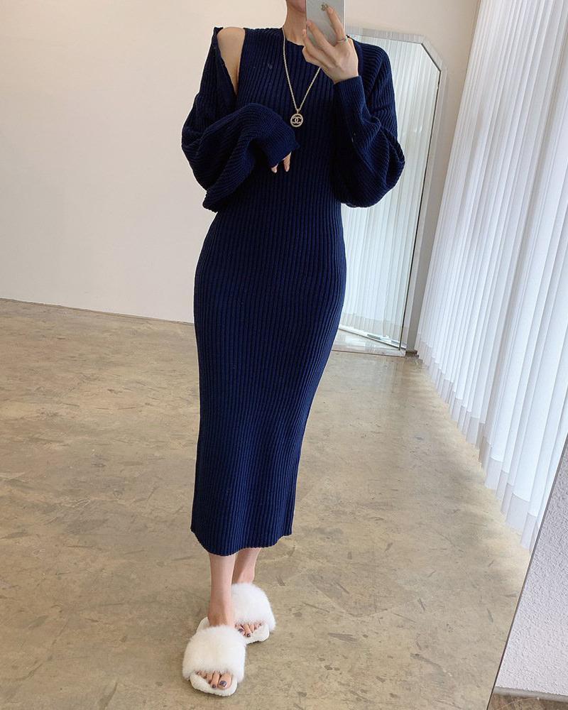 Temperament Round Neck Knitted Dress Two-Piece Set