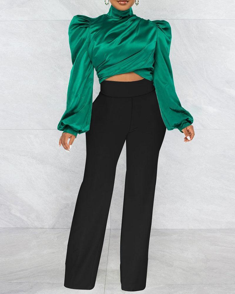 Turtleneck Puff Sleeve Top + Pain Relief Pants Set