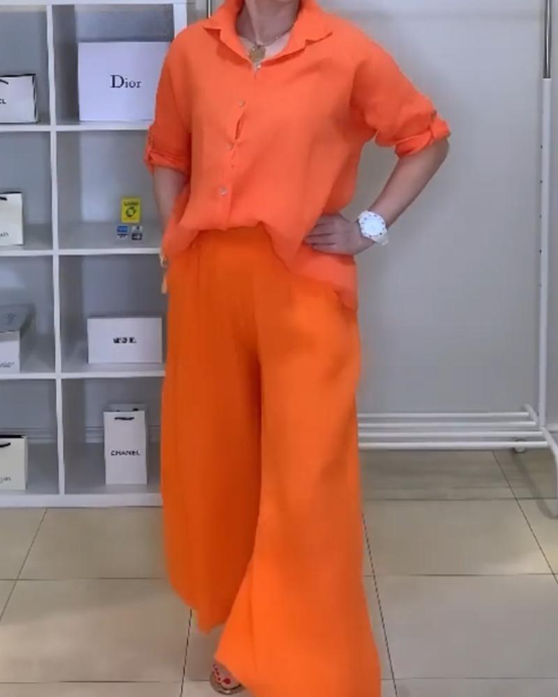 Shirt Wide Leg Pants Solid Color Casual Suit