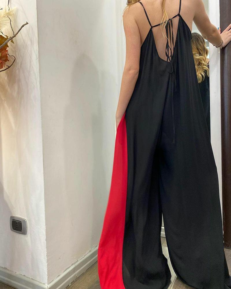 Sling wide-leg jumpsuit with color-block side seams