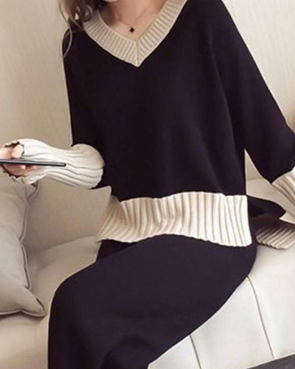 Elegant Casual Colorblock Knit Two Piece Set