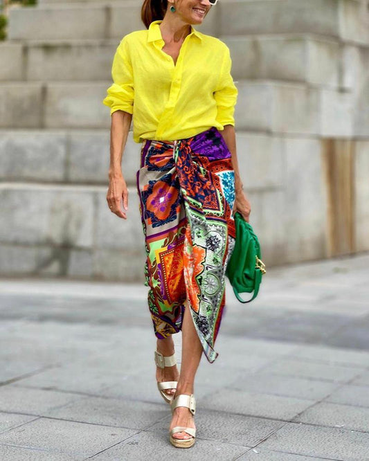 Two-Piece Set of Solid Shirt & Printed Skirt