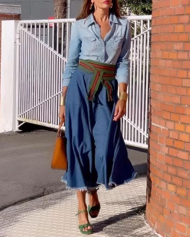 Denim Shirt Top Long Dress Set