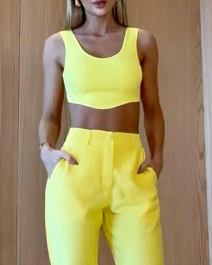 Solid Color Suit of Sleeveless Cropped Tank Top & Pants