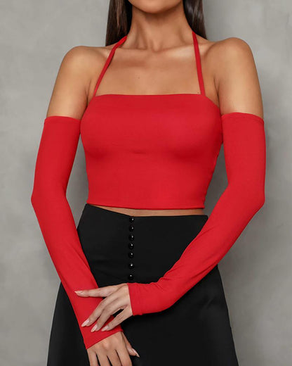 Two-piece set of halterneck off-the-shoulder top & solid wide-leg pants