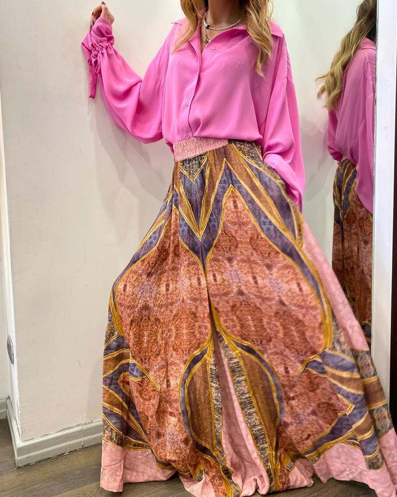 Solid Color Shirt Printed Dress Set