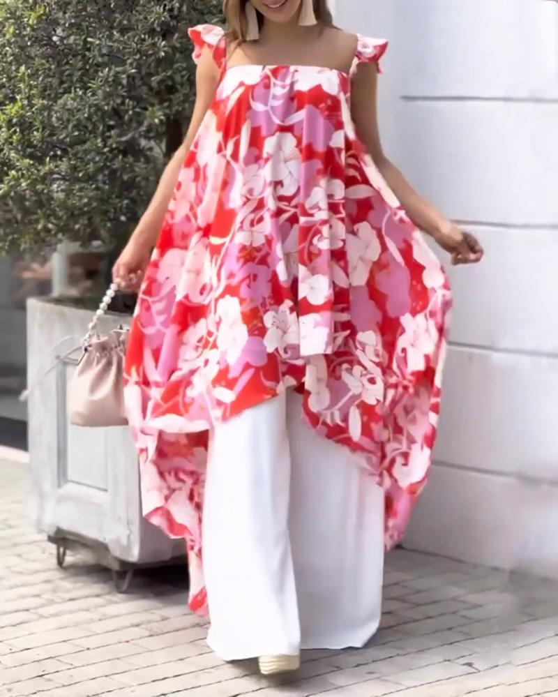 Sleeveless Printed Irregular Dress & Wide Leg Pants Two Piece Set