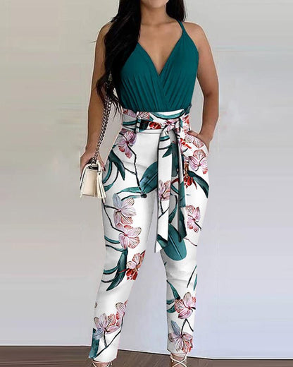 Printed V-neck Design Suspender Jumpsuit