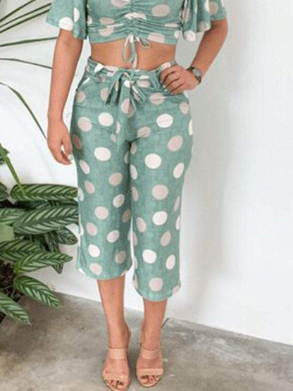 Polka Dot Print Lace Up Top Cropped Pants Set