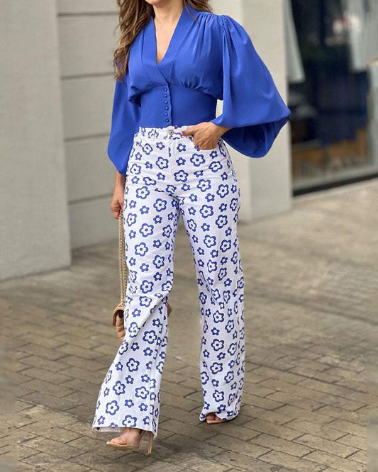 Solid V-Neck Balloon Sleeve Top & Printed Pants Two-Piece Set