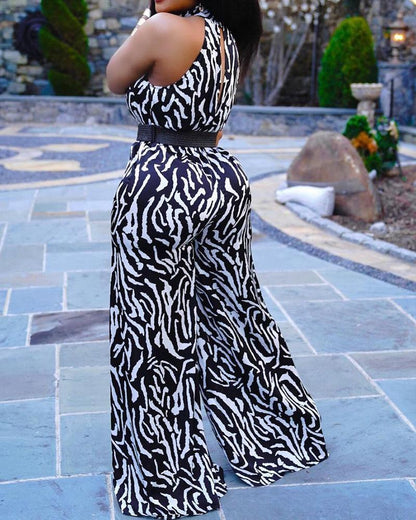 Sleeveless halterneck printed wide-leg jumpsuit