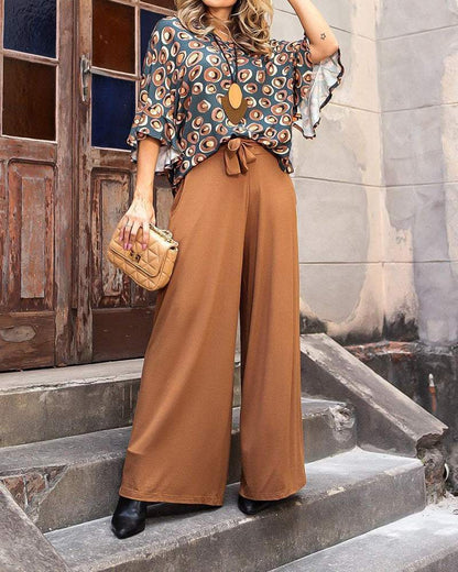 Lapel Print Top Lace Up Pants Two Piece Set