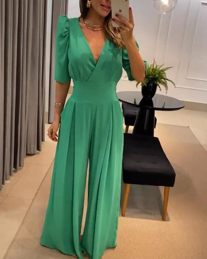 Fashion V-neck Solid Color Casual Straight Jumpsuit