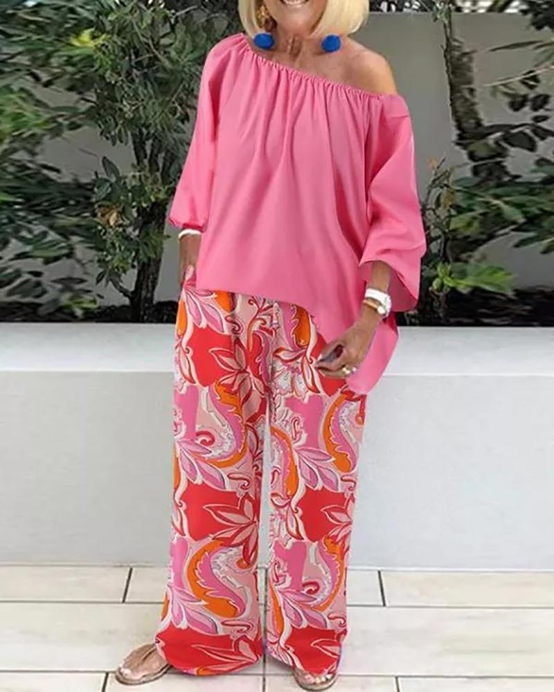 Top&floral print wide leg pants two-piece set