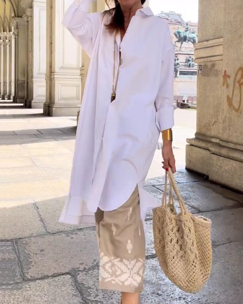 Slit Long Shirt Printed Straight Pants Set