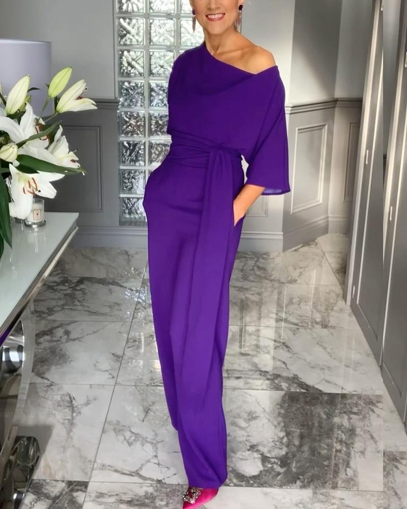 Elegant Pile Collar Solid Color Long Jumpsuit