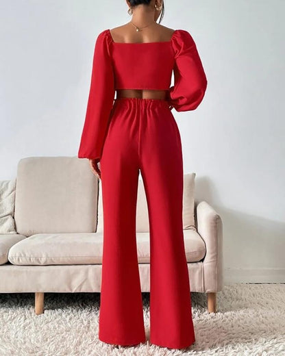 Solid color long-sleeved two-piece suit