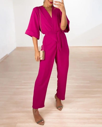 Solid color V-neck short-sleeved straight-leg jumpsuit