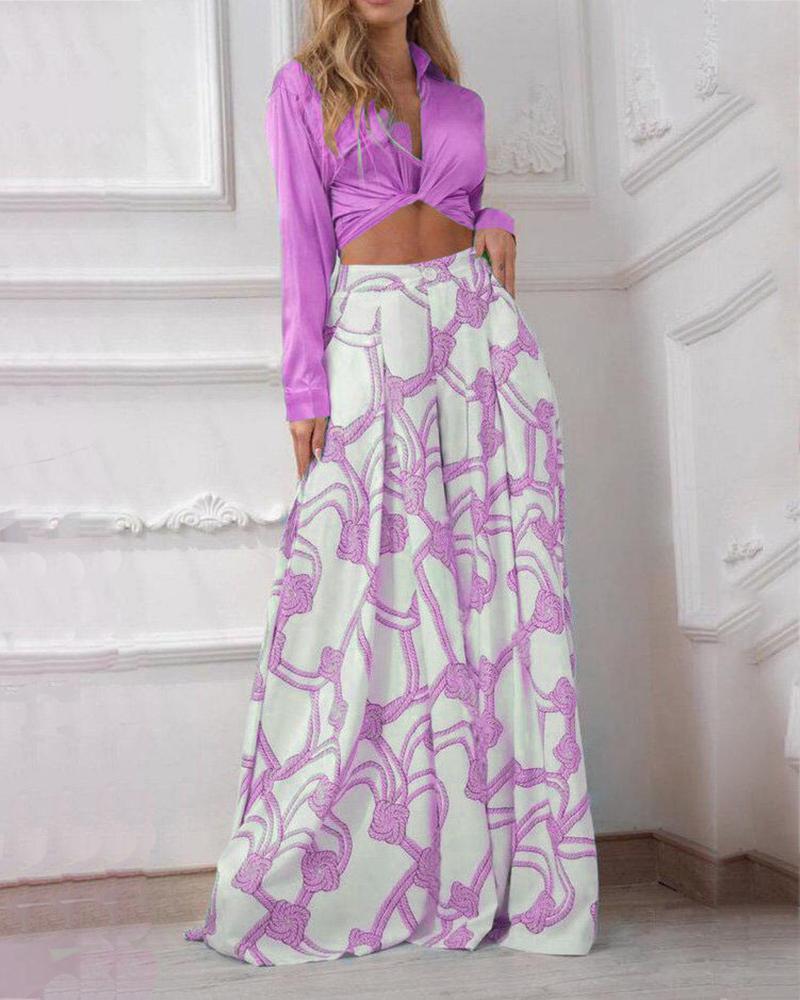 Satin Long-Sleeve Top & Casual Printed Wide-Leg Pants Two-Piece Set