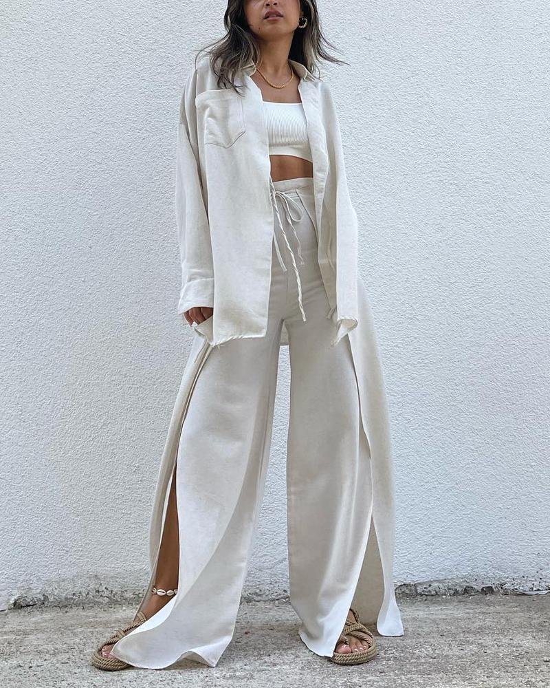 Lace-up Cardigan Irregular Design Pants Set