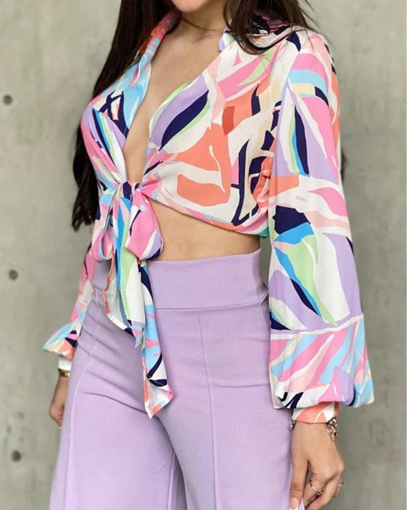 Lapel Puff Sleeve Print Cropped Shirt & High Waist Wide Leg Pants Set