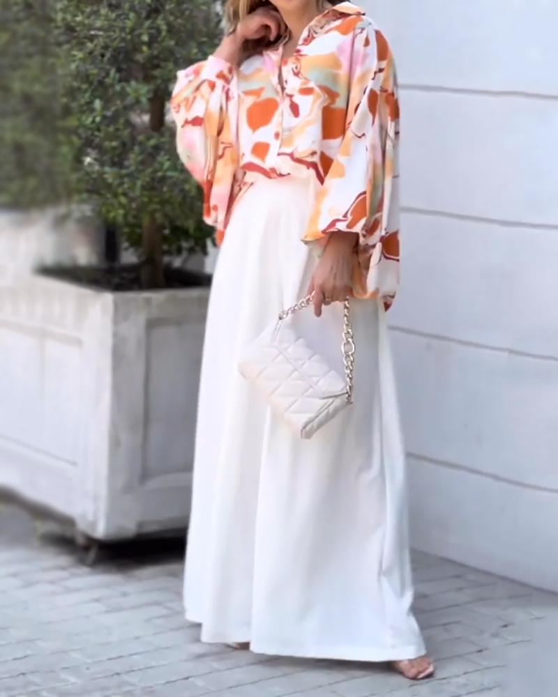 Two-Piece Set in Casual Print Shirt & Wide Leg Pants