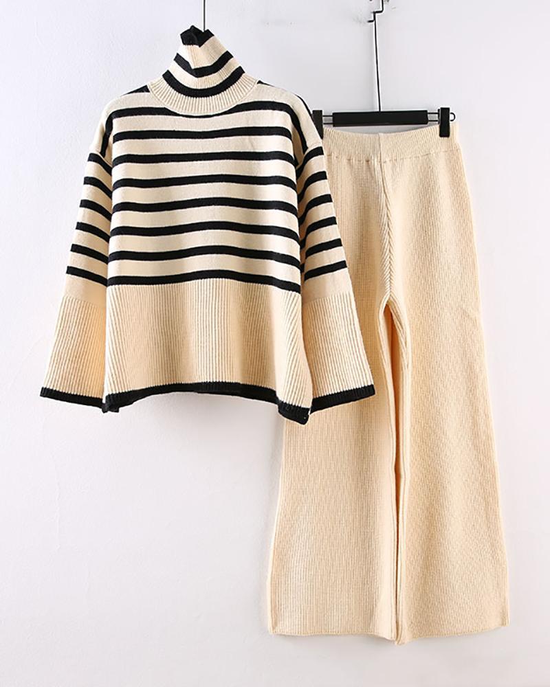 High-neck knitted sweater + high-waist straight-leg wide-leg pants two-piece set