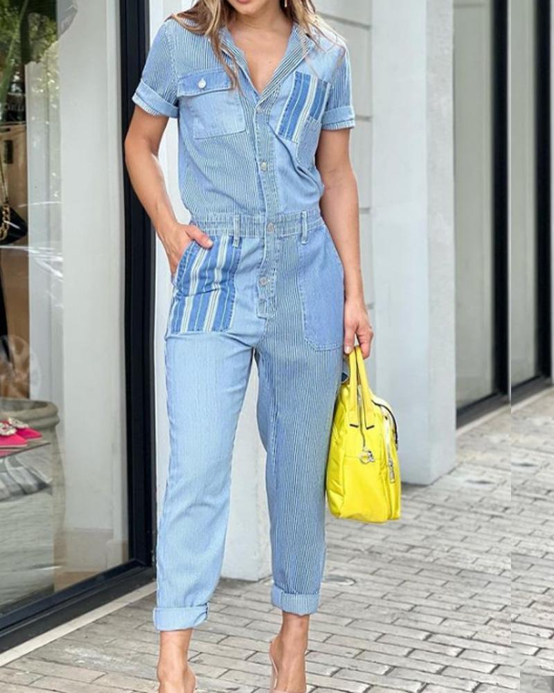 Contrast Patchwork Denim Jumpsuit