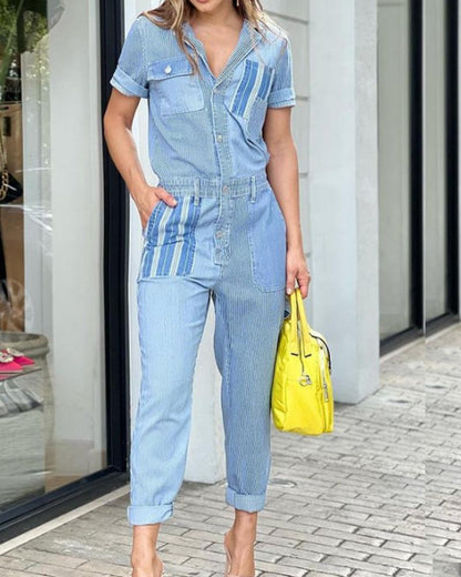 Contrast Patchwork Denim Jumpsuit