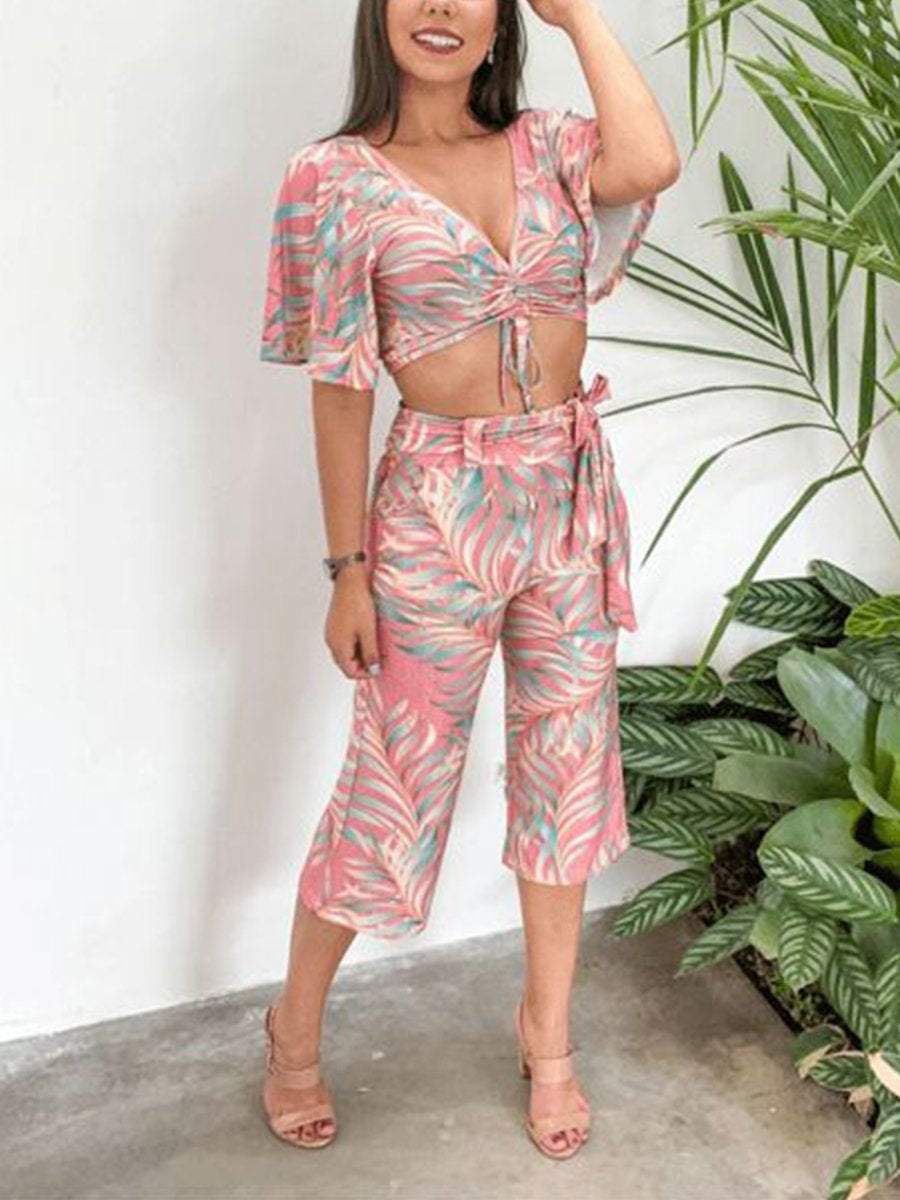 Lace Up Top Cropped Pants Print Suit