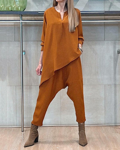 V-Neck Long Sleeve Irregular Top & Pants Two Piece Set