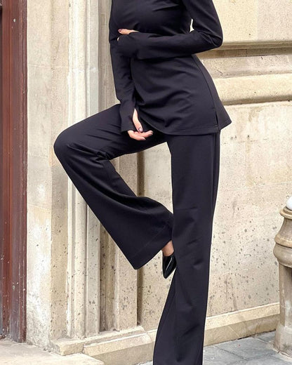 Elegant Solid Shoulder Jacket Straight Pants Set