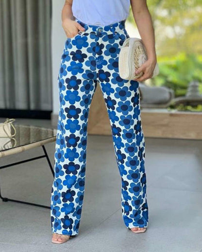 Two-piece set of puff sleeve top & floral pants