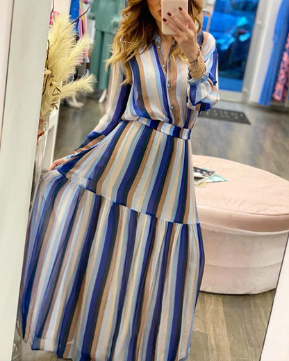 Fashion Striped Shirt Patchwork Long Dress Casual Suit