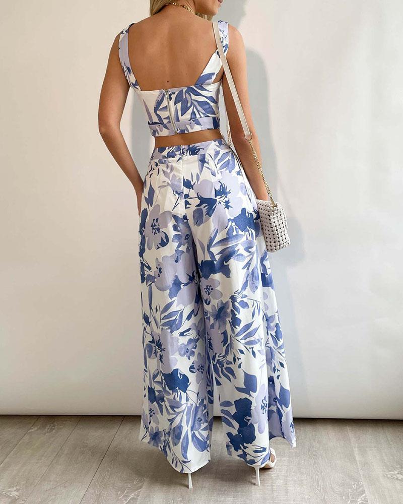 Printed Vest + High Waist Wide Leg Pants Casual Suit