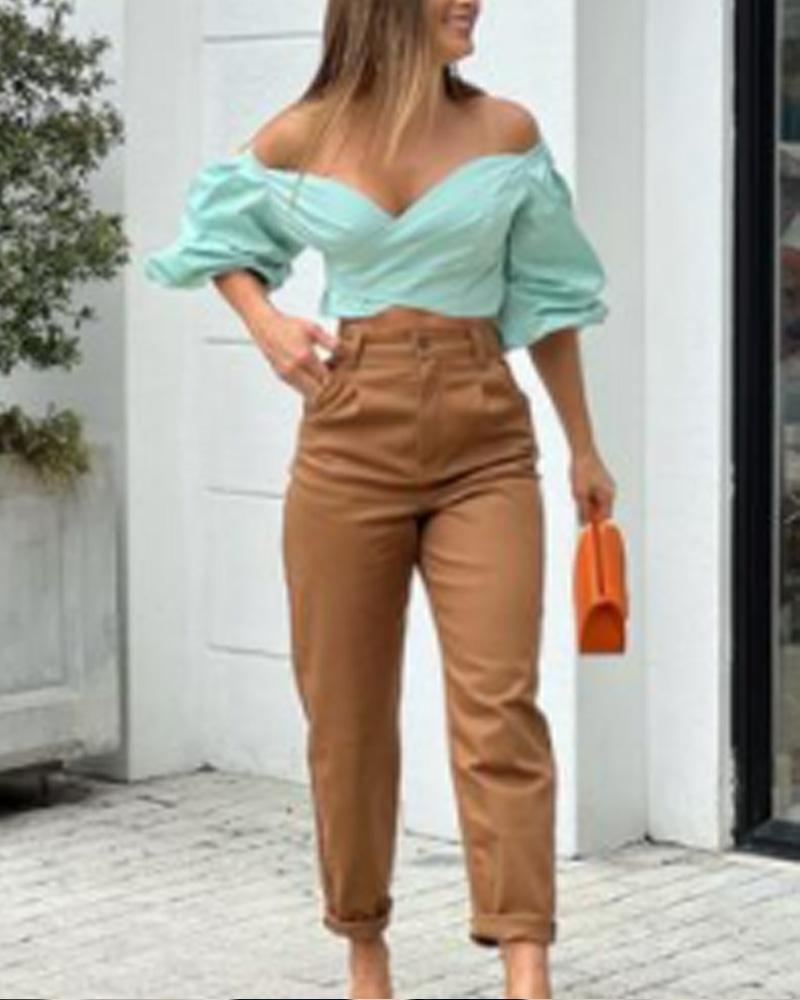 Vintage Bubble Sleeve Top Tapered Pants Set