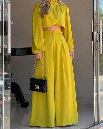 Elegant Solid Color Irregular Top High Waist Wide Leg Pants Set