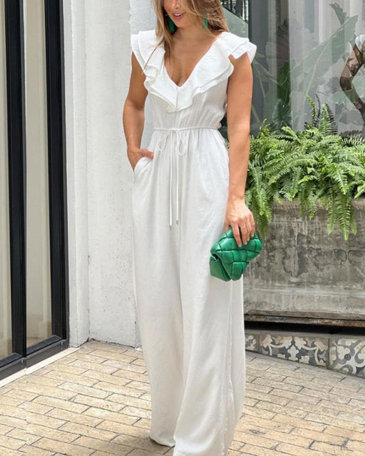 Lace Up Neckline Lace Up Solid Color Jumpsuit