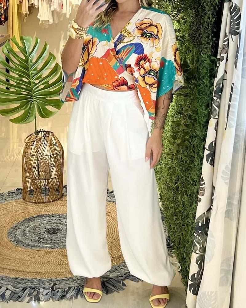 Tie-Up Short Sleeve Print Top Solid Color Pants Two Piece Set