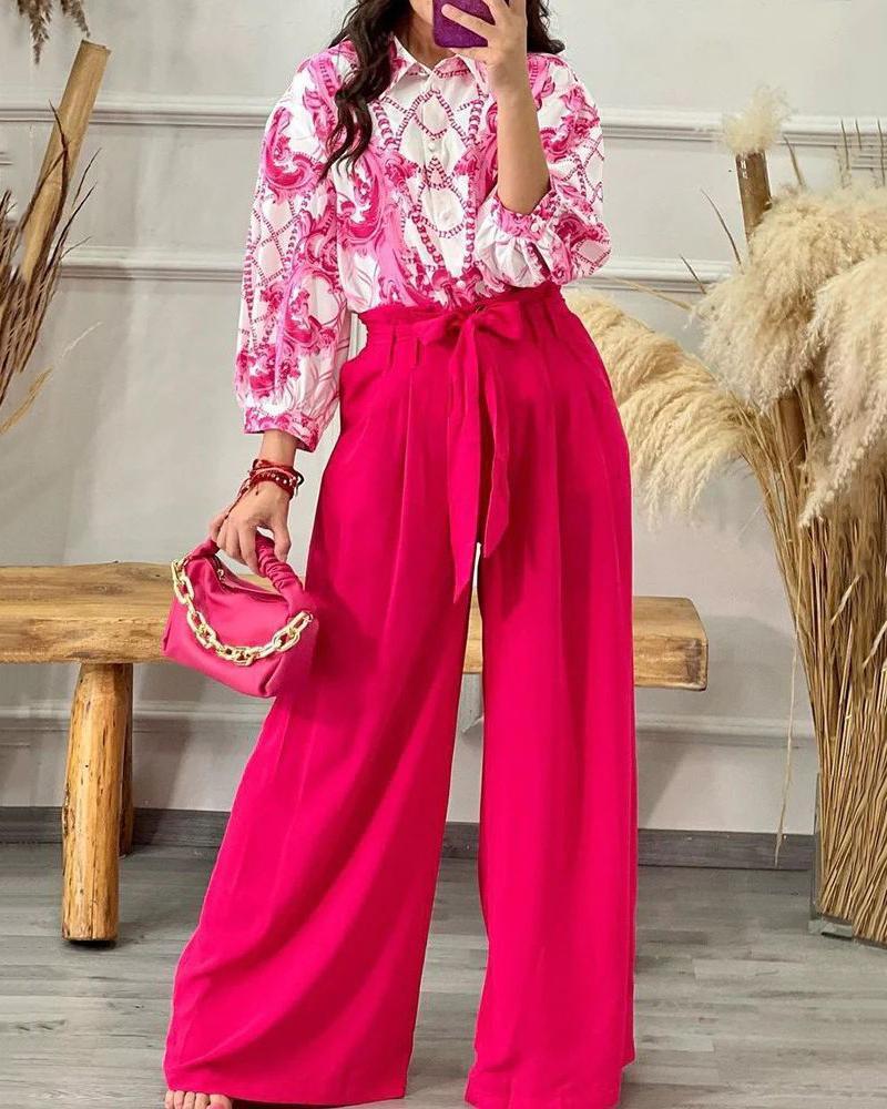 Stylish casual shirt & high-waisted lace-up wide-leg pants set