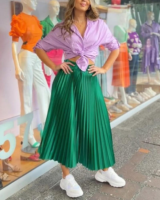 Solid Color Shirt Pleated Long Skirt Suit