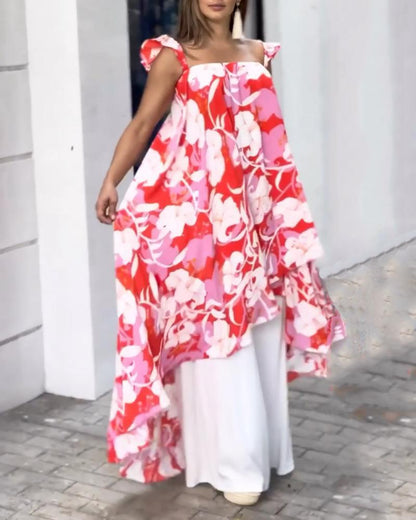 Sleeveless Printed Irregular Dress & Wide Leg Pants Two Piece Set